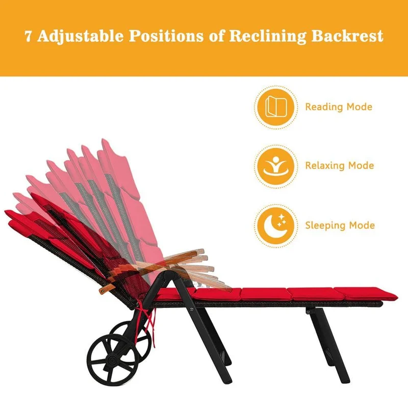 Brown Metal Folding Outdoor Patio Chaise Lounge with Wheels and Red Cushion