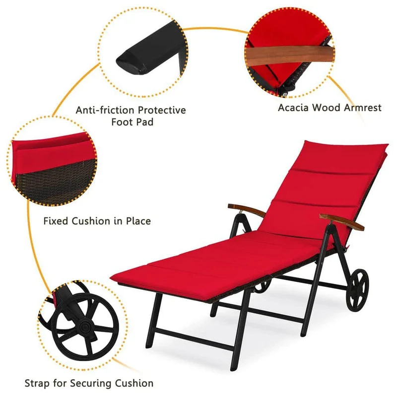 Brown Metal Folding Outdoor Patio Chaise Lounge with Wheels and Red Cushion
