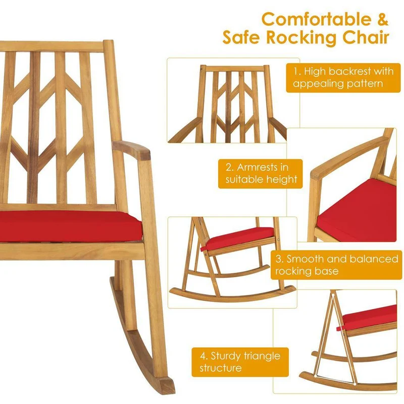 Brown Wood Outdoor Rocking Chair with Red Cushions