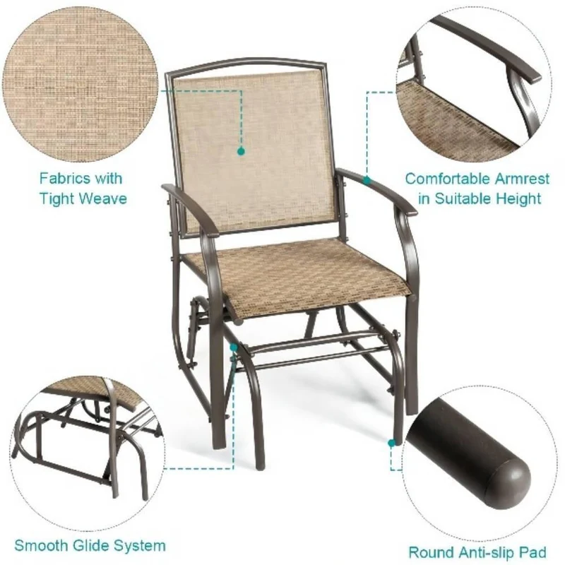 1-Person Brown Metal Outdoor Glider with Smooth Rocking Arms