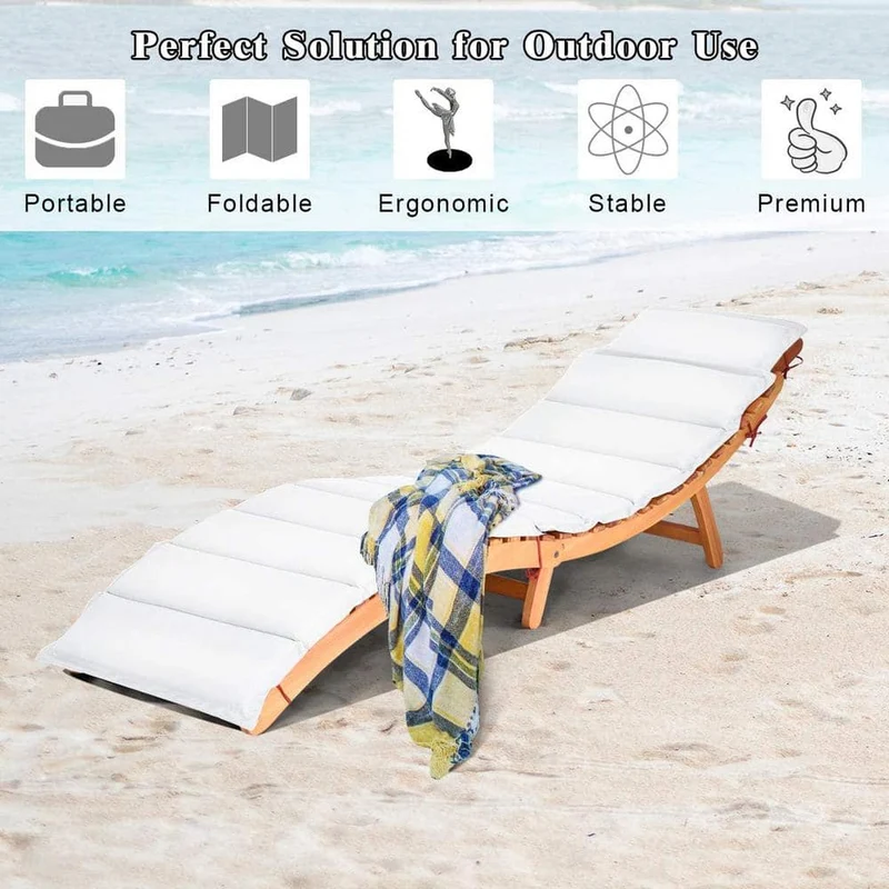 Natural Eucalyptus Wood Outdoor Folding Chaise Lounge with Red/White Cushion