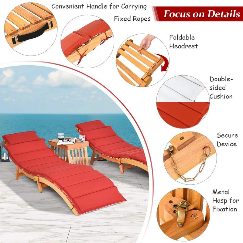 Natural Eucalyptus Wood Outdoor Folding Chaise Lounge with Red/White Cushion