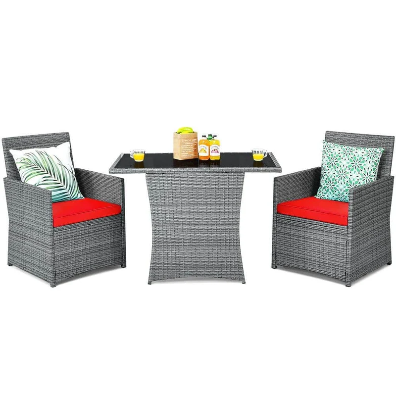Mixed Gray 3-Piece Wicker Patio Conversation Set with Red Cushions
