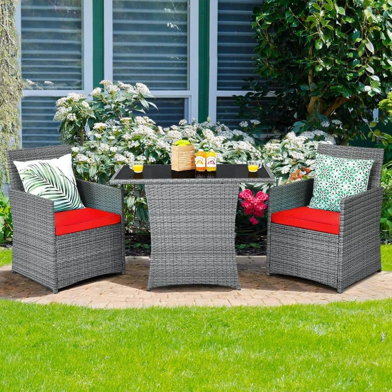 Mixed Gray 3-Piece Wicker Patio Conversation Set with Red Cushions