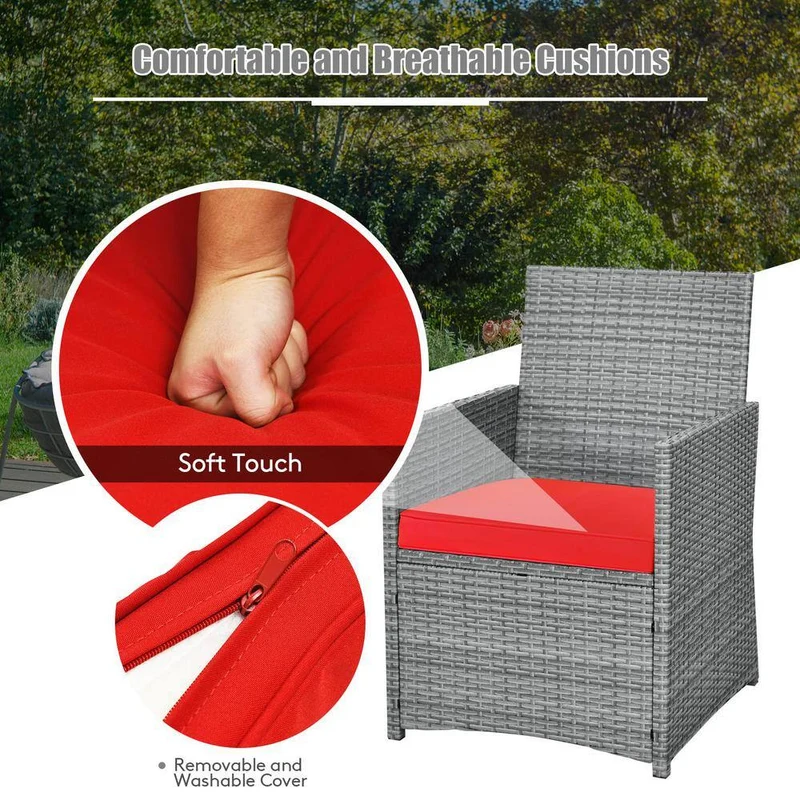 Mixed Gray 3-Piece Wicker Patio Conversation Set with Red Cushions