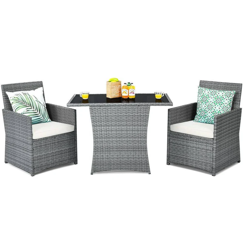 Mixed Gray 3-Piece Wicker Patio Conversation Set with White Cushions