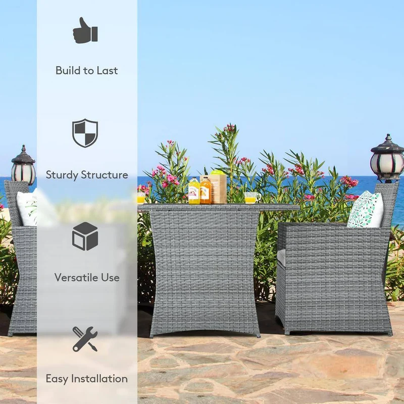 Mixed Gray 3-Piece Wicker Patio Conversation Set with White Cushions