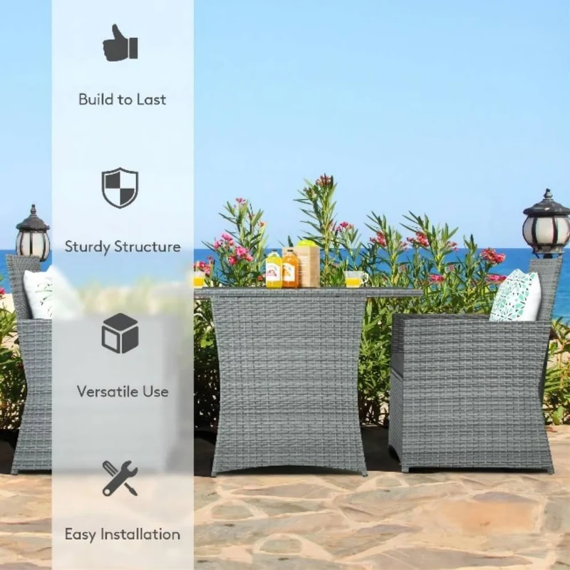 Mixed Gray 3-Piece Wicker Patio Conversation Set with Gray Cushions