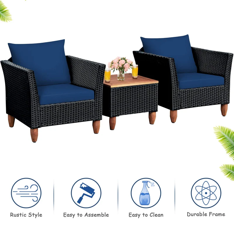 Black 3-Piece Wicker Outdoor Furniture Set Patio Conversation Set with Navy Blue Cushions