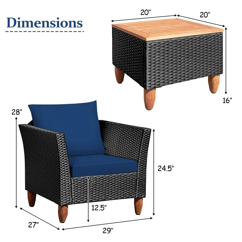 Black 3-Piece Wicker Outdoor Furniture Set Patio Conversation Set with Navy Blue Cushions