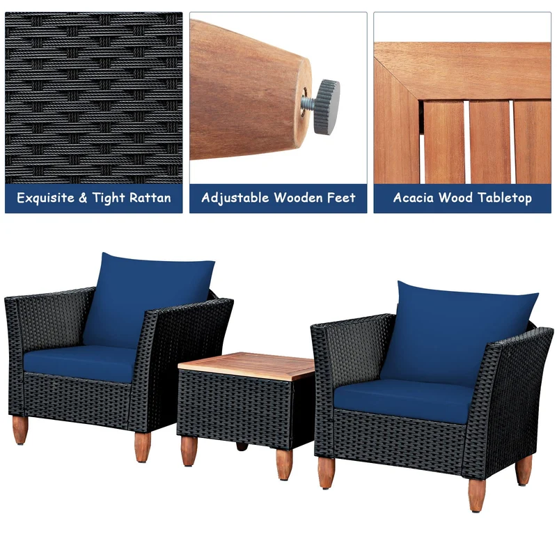 Black 3-Piece Wicker Outdoor Furniture Set Patio Conversation Set with Navy Blue Cushions