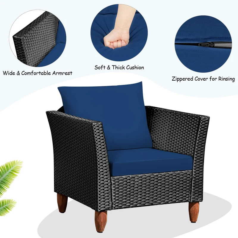 Black 3-Piece Wicker Outdoor Furniture Set Patio Conversation Set with Navy Blue Cushions