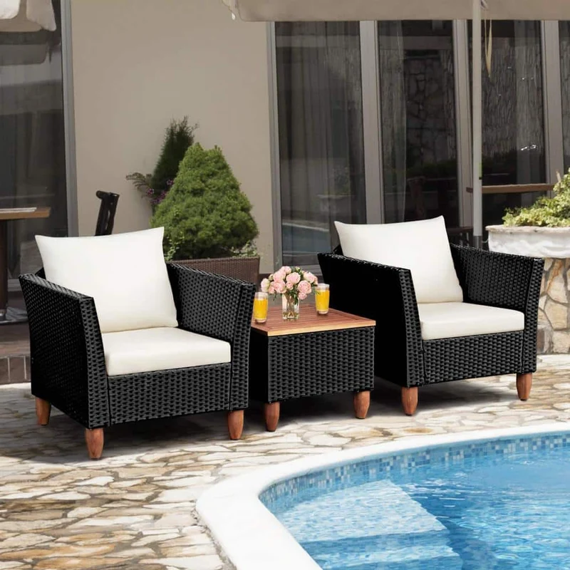 Black 3-Piece Wicker Outdoor Furniture Set Patio Conversation Set with Beige Cushions