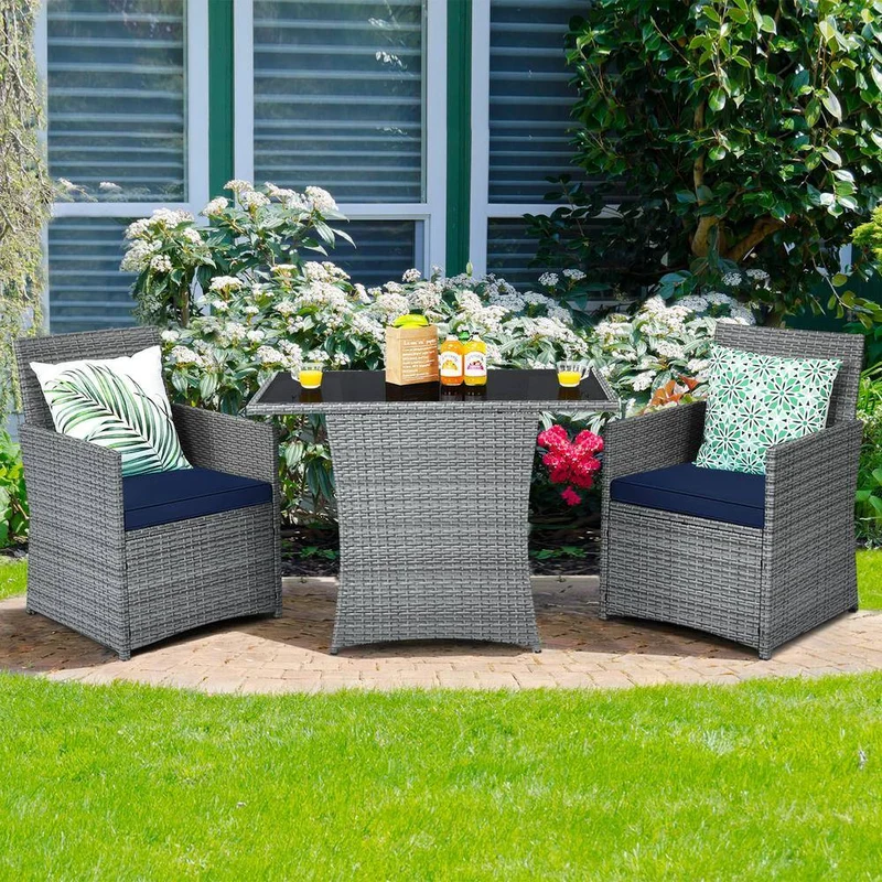 Mixed Gray 3-Piece Wicker Patio Conversation Set with Navy Blue Cushions