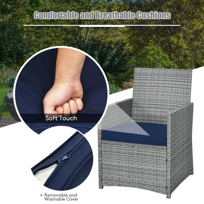 Mixed Gray 3-Piece Wicker Patio Conversation Set with Navy Blue Cushions
