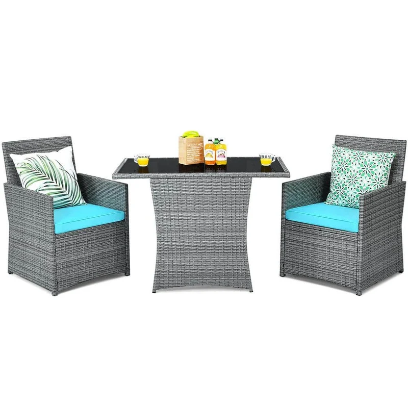 Mixed Gray 3-Piece Wicker Patio Conversation Set with Turquoise Cushions
