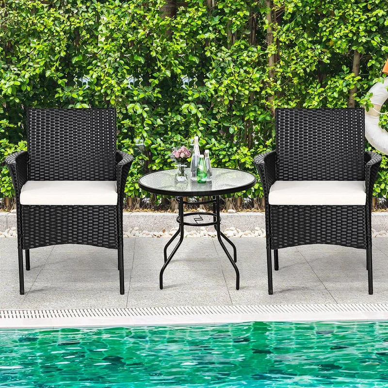 Black Wicker Outdoor Patio Dining Chair with White Cushions (Set of 2)