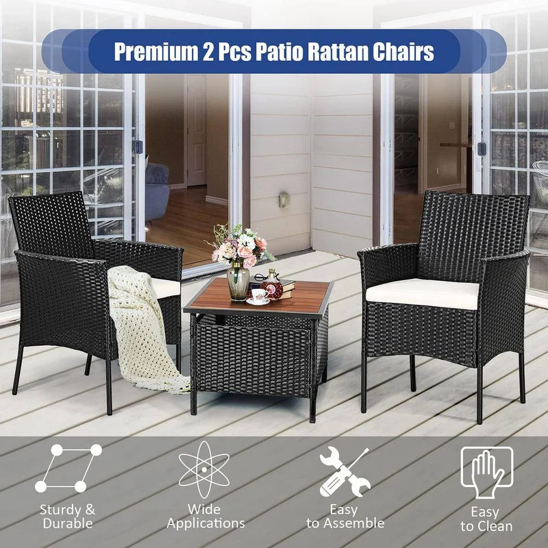 Black Wicker Outdoor Patio Dining Chair with White Cushions (Set of 2)