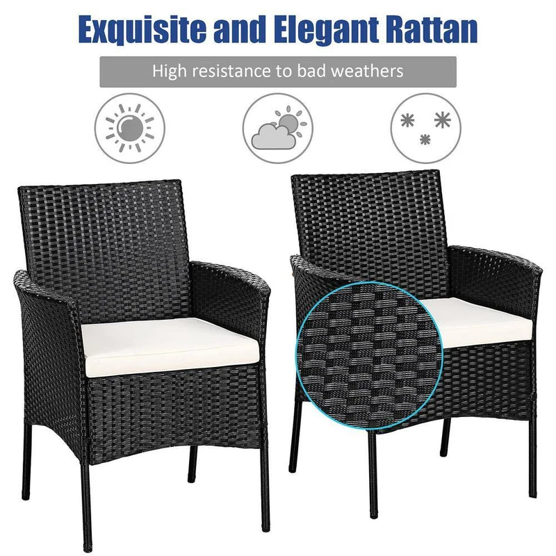 Black Wicker Outdoor Patio Dining Chair with White Cushions (Set of 2)