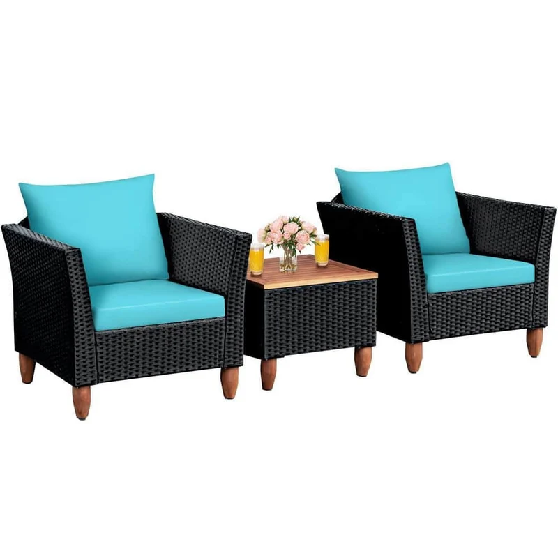 Black 3-Piece Wicker Outdoor Furniture Set Patio Conversation Set with Turquoise Cushions
