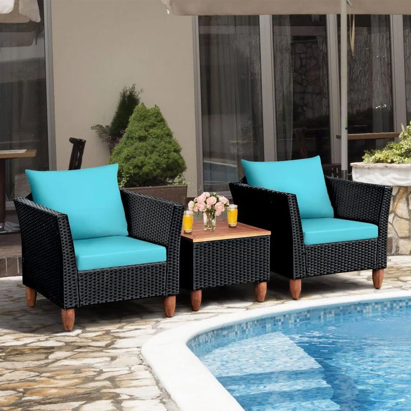 Black 3-Piece Wicker Outdoor Furniture Set Patio Conversation Set with Turquoise Cushions