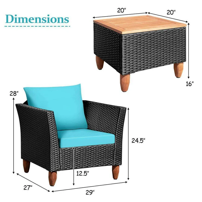 Black 3-Piece Wicker Outdoor Furniture Set Patio Conversation Set with Turquoise Cushions