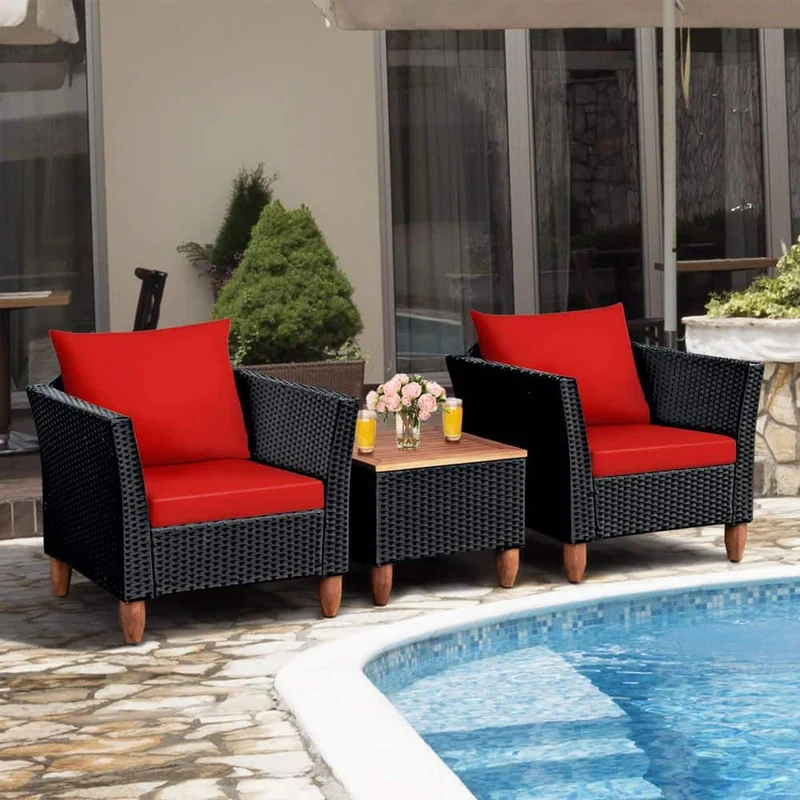 Black 3-Piece Wicker Outdoor Furniture Set Patio Conversation Set with Red Cushions