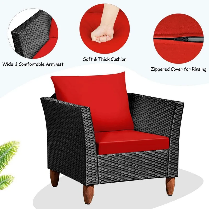 Black 3-Piece Wicker Outdoor Furniture Set Patio Conversation Set with Red Cushions
