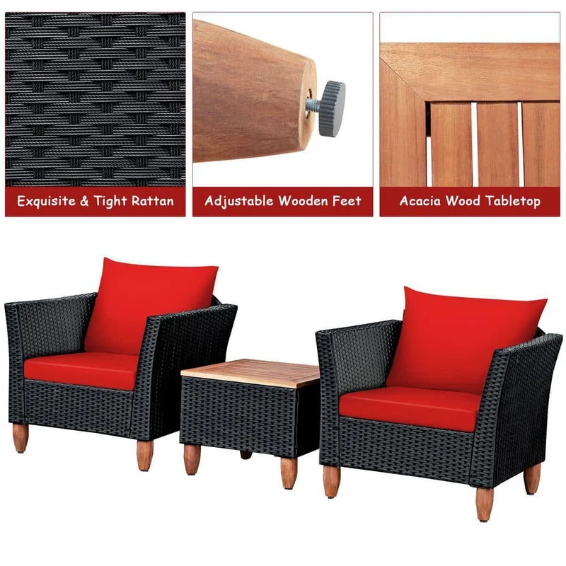 Black 3-Piece Wicker Outdoor Furniture Set Patio Conversation Set with Red Cushions
