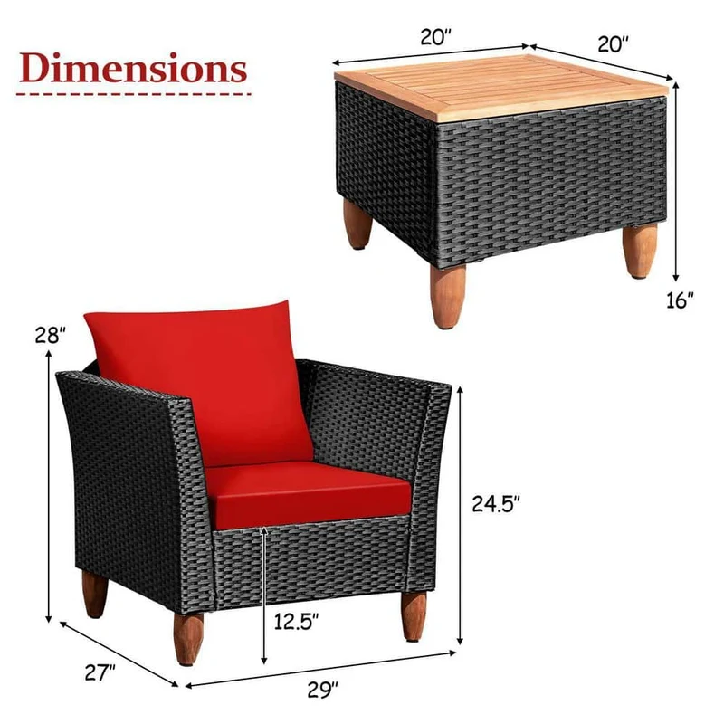 Black 3-Piece Wicker Outdoor Furniture Set Patio Conversation Set with Red Cushions