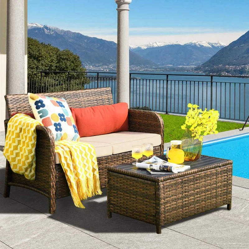 Brown Wicker Outdoor Patio Sofa Sectional Set with Coffee Table and Beige Cushions