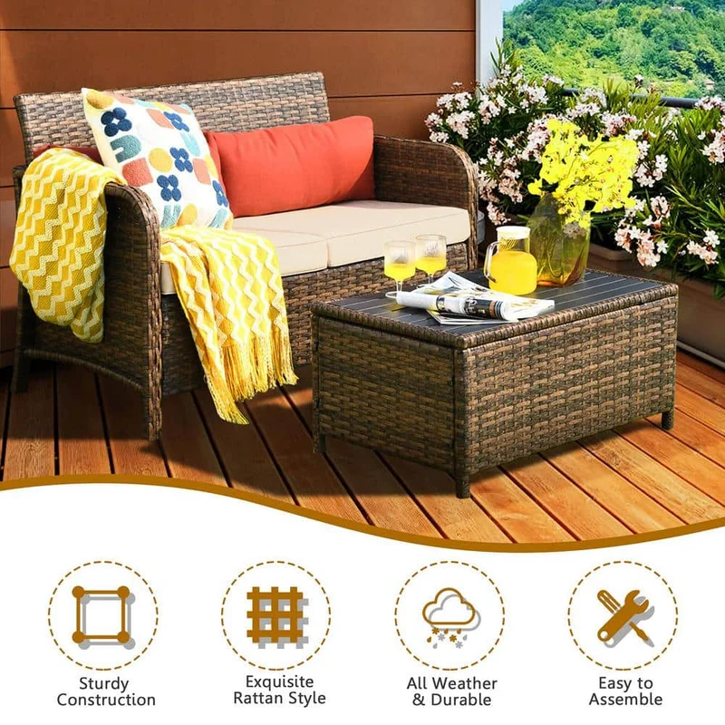 Brown Wicker Outdoor Patio Sofa Sectional Set with Coffee Table and Beige Cushions