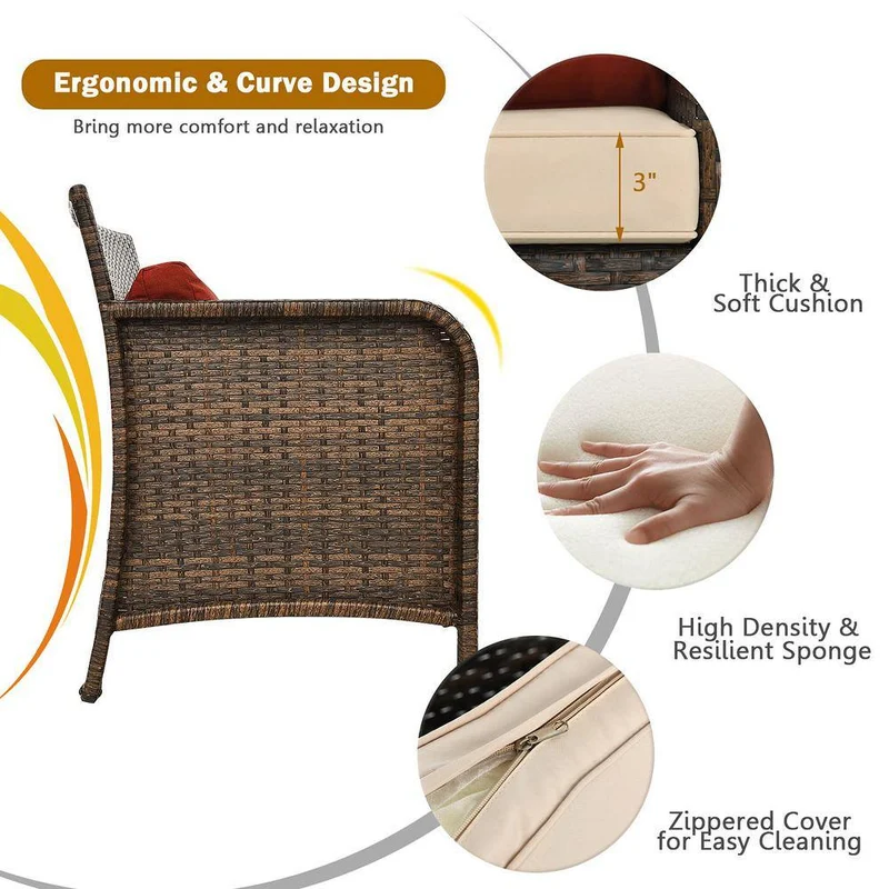 Brown Wicker Outdoor Patio Sofa Sectional Set with Coffee Table and Beige Cushions