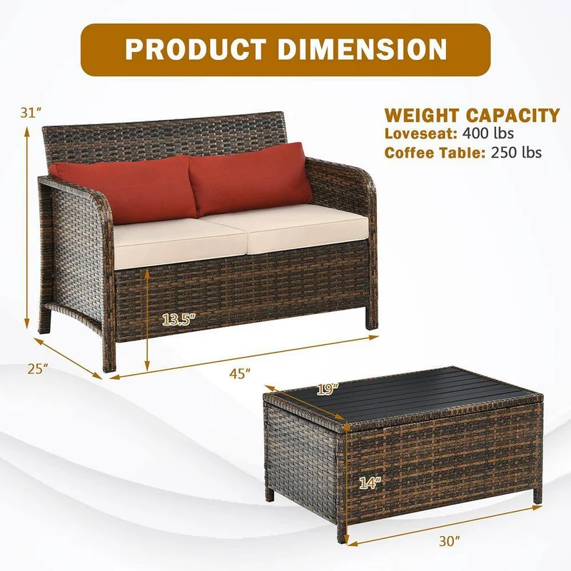 Brown Wicker Outdoor Patio Sofa Sectional Set with Coffee Table and Beige Cushions