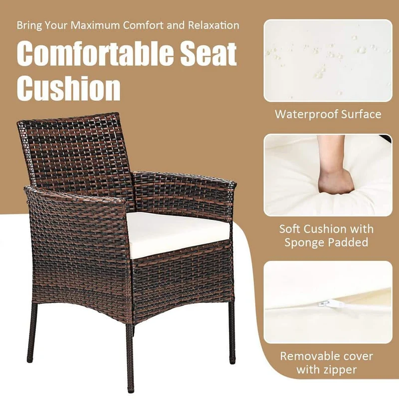 Brown Wicker Outdoor Patio Dining Chair with White Cushions (Set of 2)