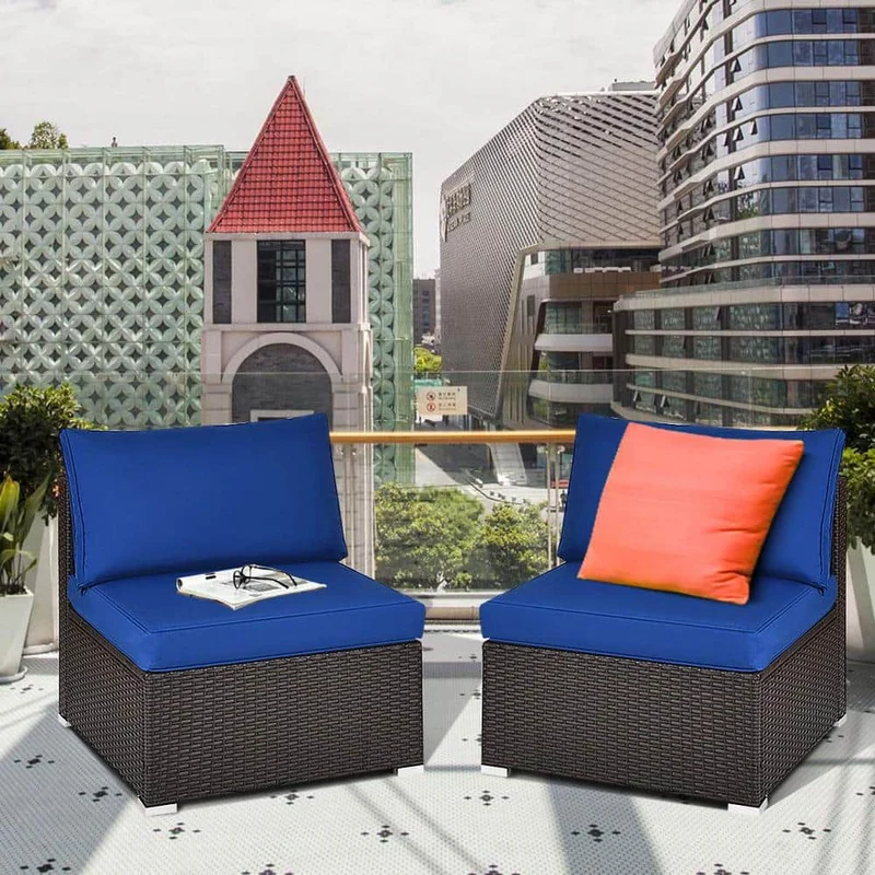 Brown Wicker Outdoor Patio Armless Dining Chair with Navy Blue Cushions (2-Pack)