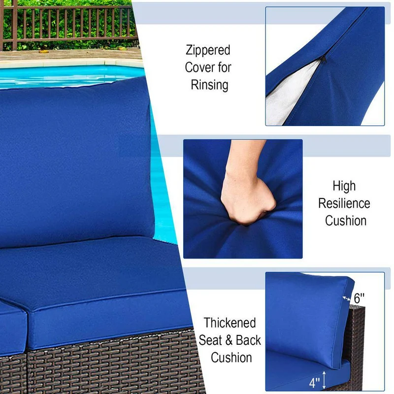 Brown Wicker Outdoor Patio Armless Dining Chair with Navy Blue Cushions (2-Pack)