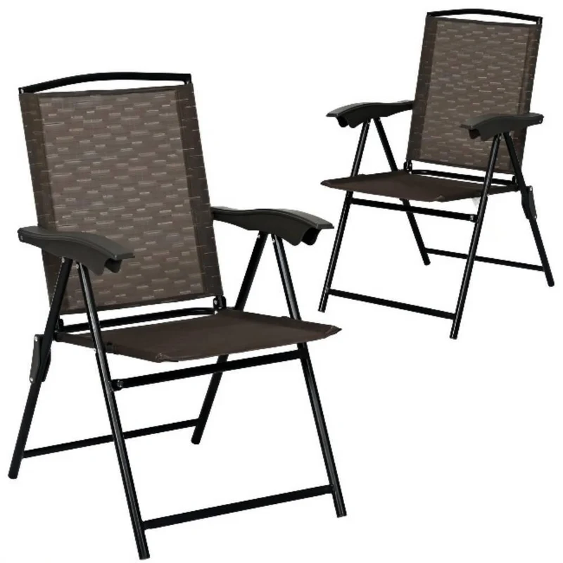 Black Folding Metal Outdoor Dining Chair in Brown Seat (2-Pack)