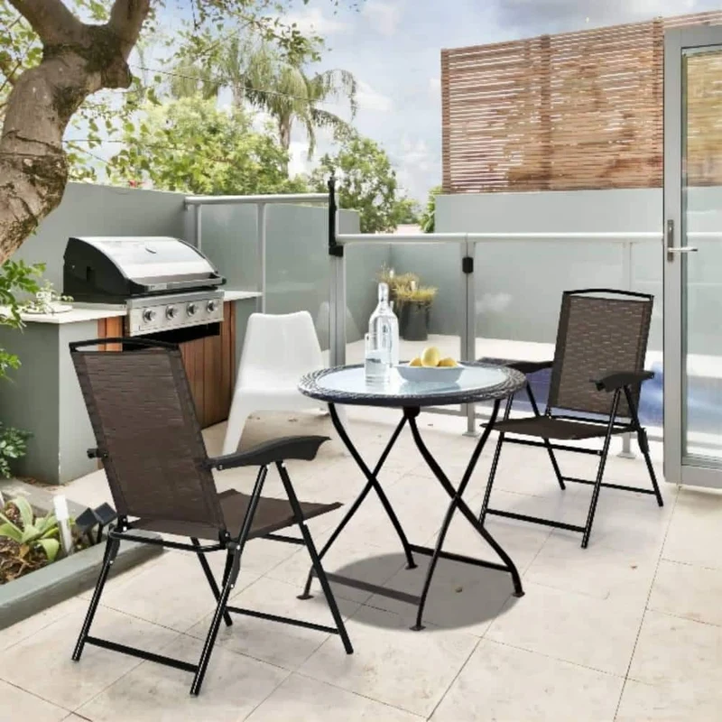 Black Folding Metal Outdoor Dining Chair in Brown Seat (2-Pack)
