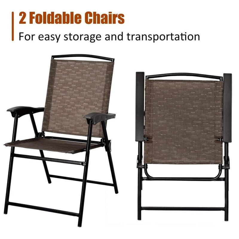 Black Folding Metal Outdoor Dining Chair in Brown Seat (2-Pack)
