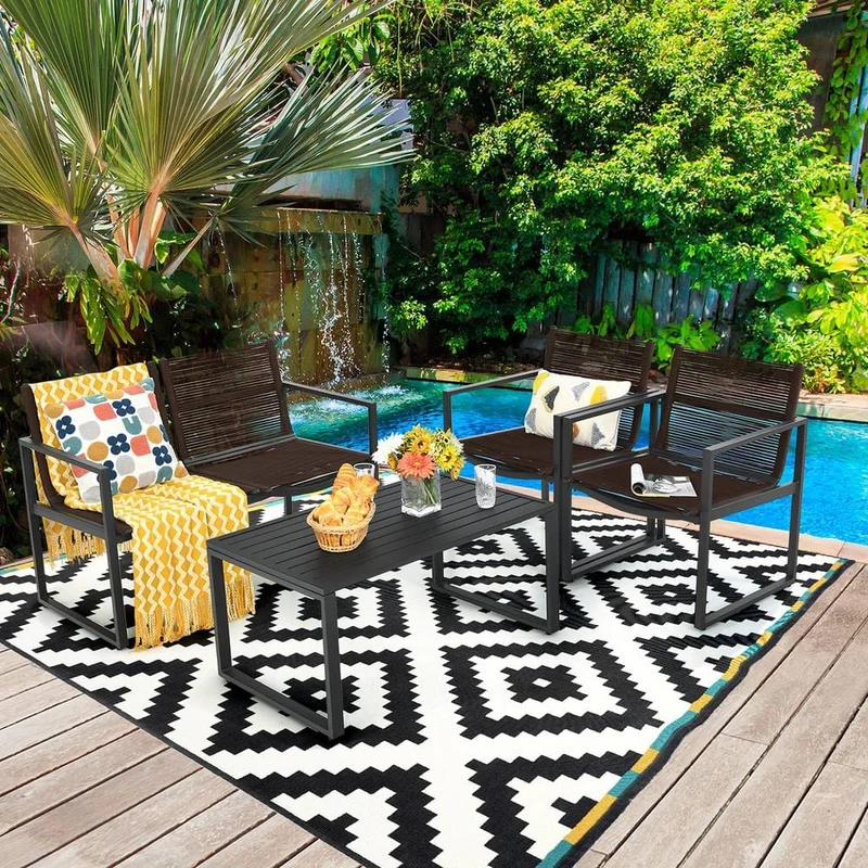 Black 4-Piece Metal Outdoor Patio Conversation Set with Coffee Table