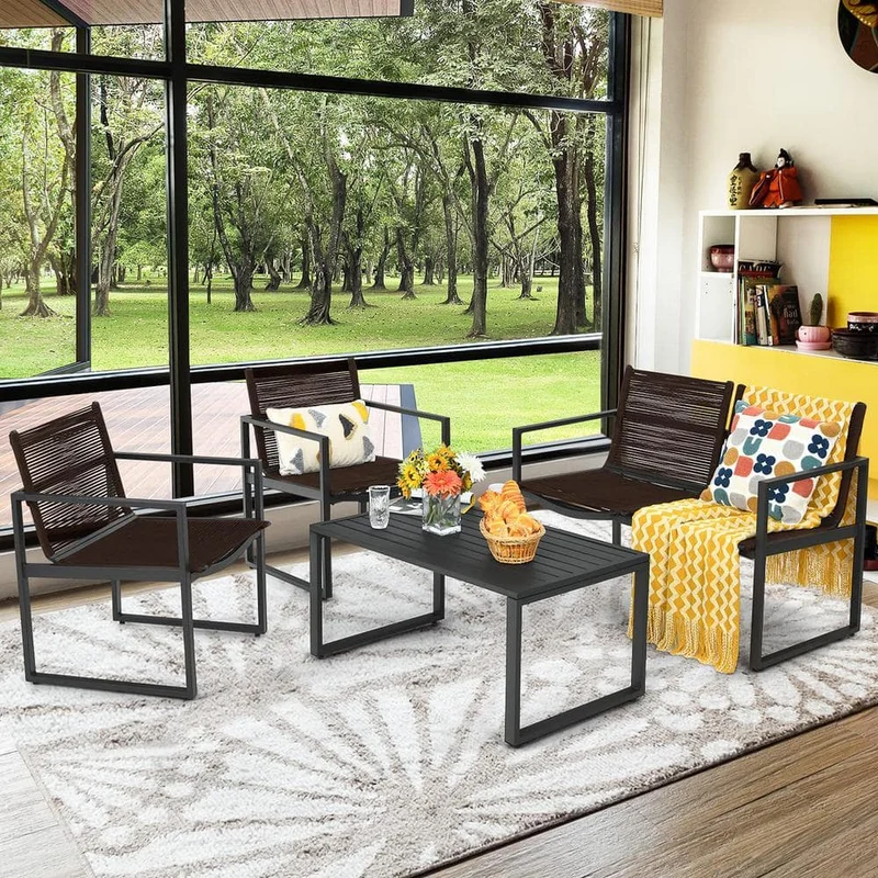 Black 4-Piece Metal Outdoor Patio Conversation Set with Coffee Table