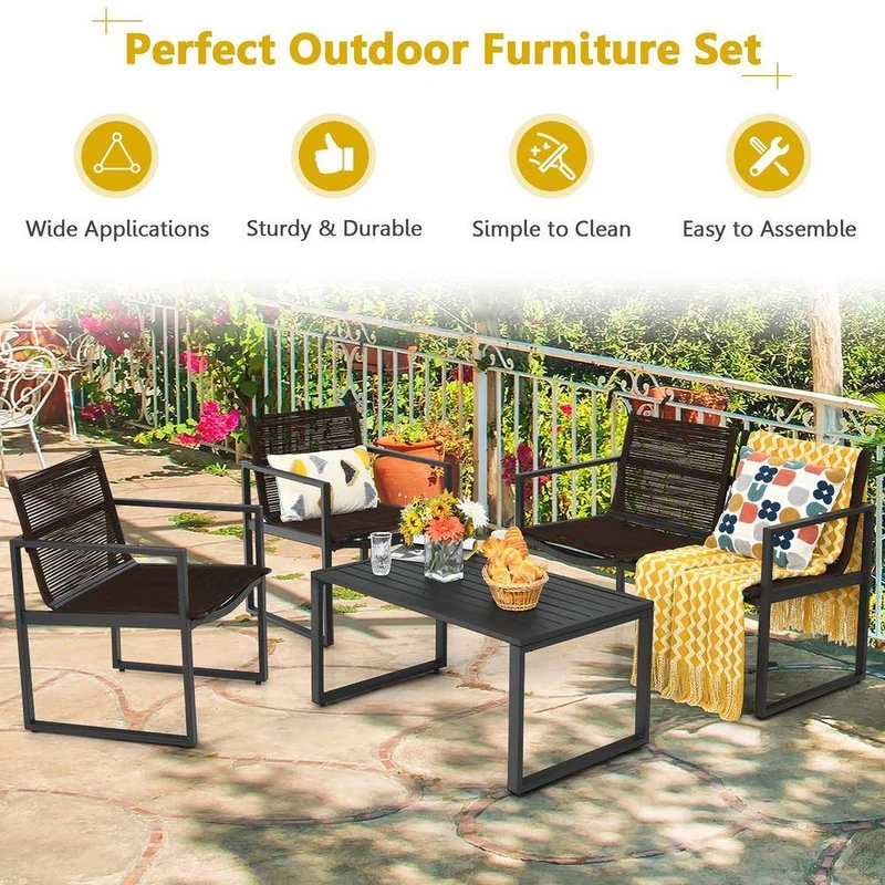 Black 4-Piece Metal Outdoor Patio Conversation Set with Coffee Table