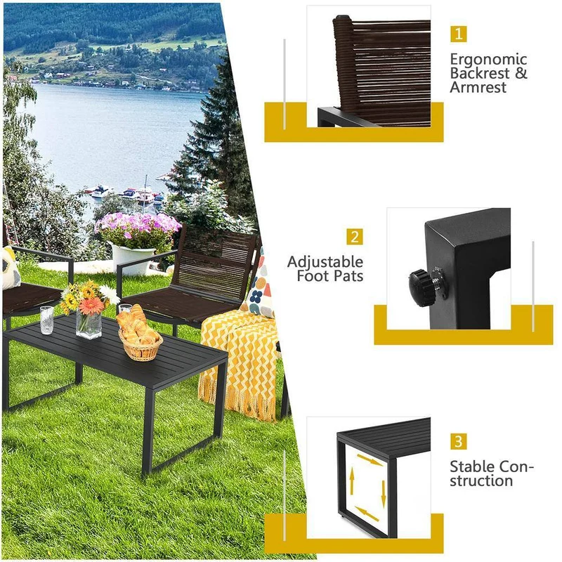 Black 4-Piece Metal Outdoor Patio Conversation Set with Coffee Table
