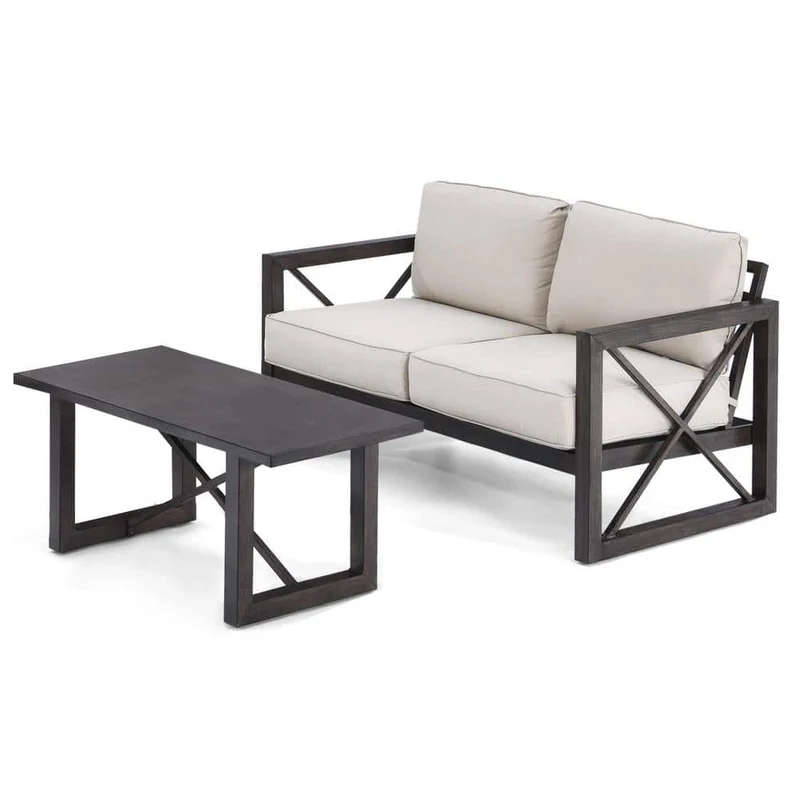 Black Metal Outdoor Loveseat with Coffee Table and Beige Cushions