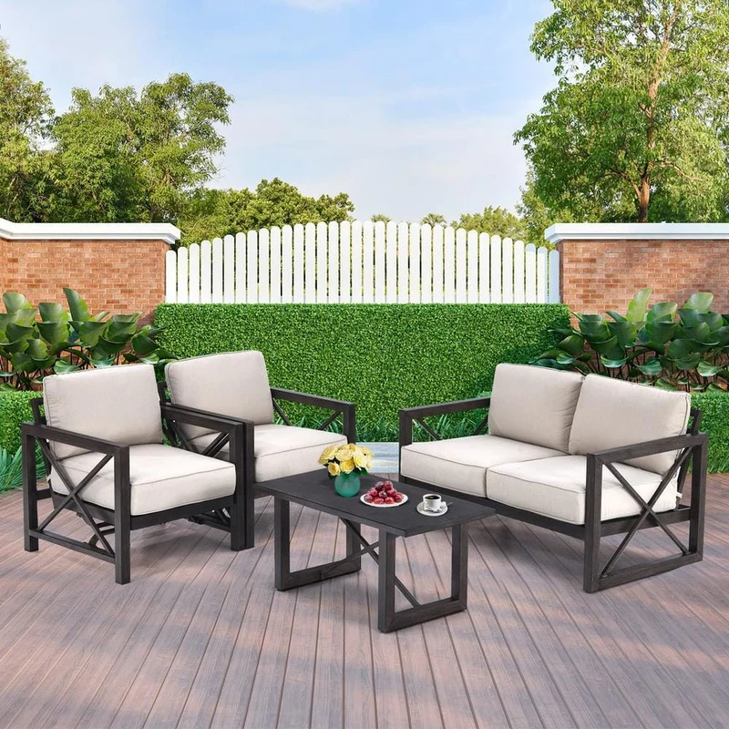 Black Metal Outdoor Loveseat with Coffee Table and Beige Cushions