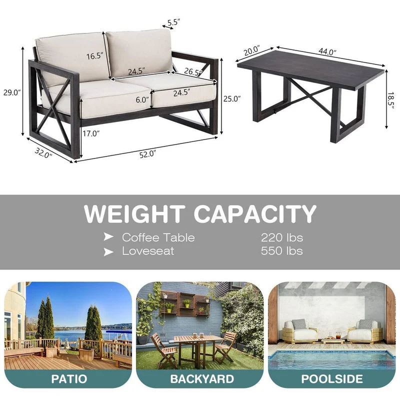 Black Metal Outdoor Loveseat with Coffee Table and Beige Cushions