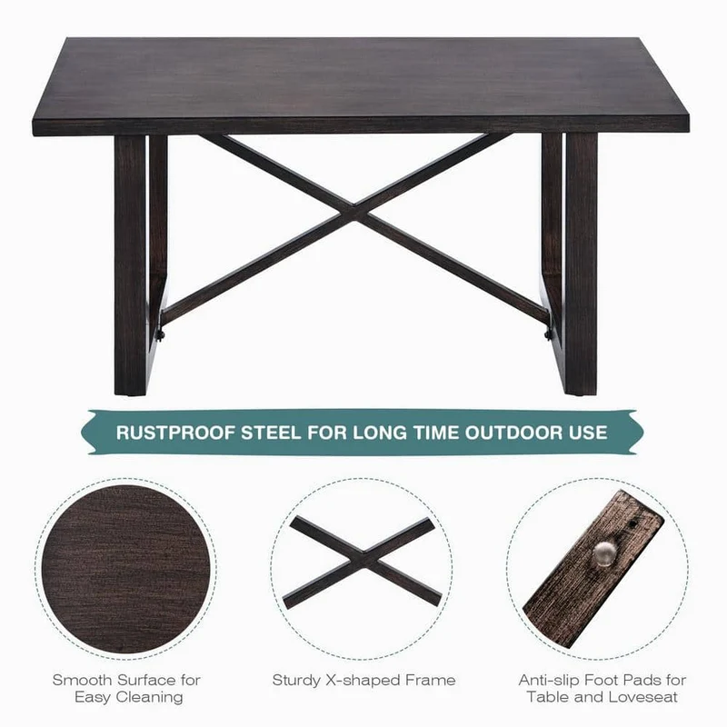 Black Metal Outdoor Loveseat with Coffee Table and Beige Cushions