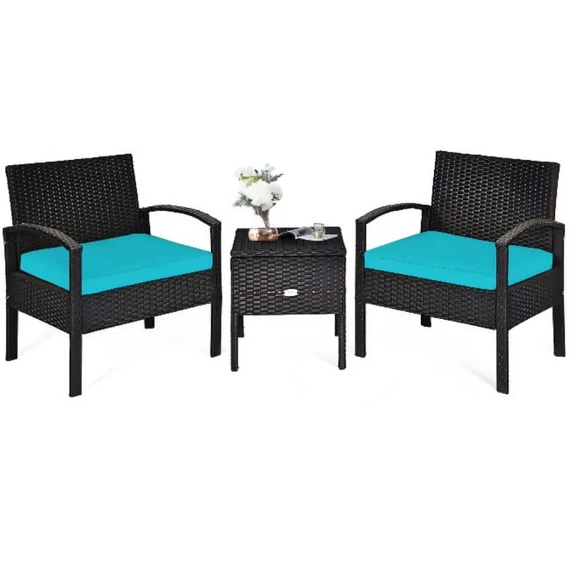 Black 3-Piece Wicker Outdoor Bistro Set with Turquoise Cushions
