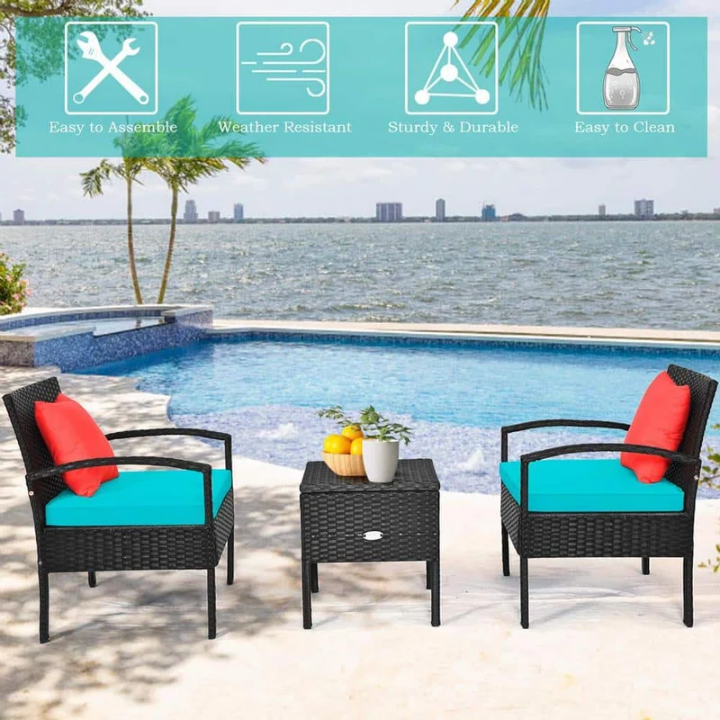 Black 3-Piece Wicker Outdoor Bistro Set with Turquoise Cushions
